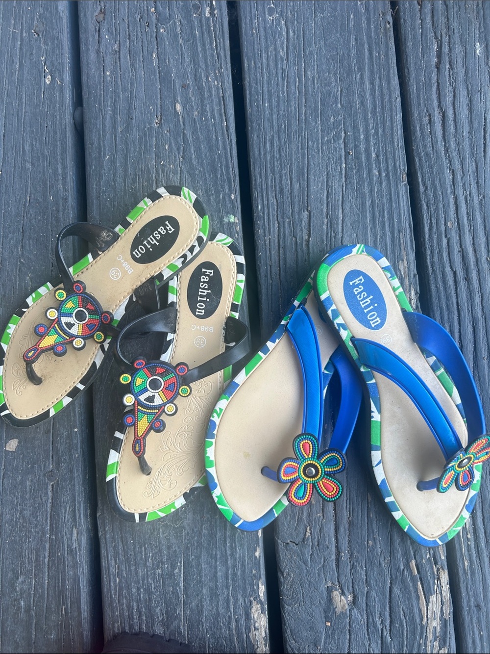 Womens Flip Flop Sandals(2 pair) - Blue & Black with like beaded plastic design